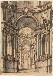 Ontwerp voor een toneeldecor: Interieur van een paleis met arcades