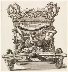 Vooraanzicht van de eerste koets (1686) van Lord Castlemaine door Andrea Cornelly naar Ciro Ferri, 1687-1700