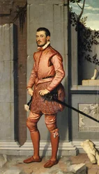 Portret van Gian Gerolamo Grumelli, ridder in roze, door Giovanni Battista Moroni (ca. 1525-1578), 216 x 123 cm