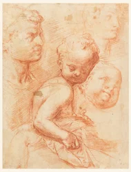 Tekening, Studie van man, vrouw en kinderhoofd, zittend kind, ca. 1570