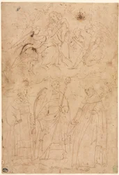Madonna en Kind in Glorie boven drie heiligen, ca. 1570