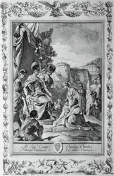 Armida voor Goffredo, gravure, door Giovanni Battista Piazzetta voor Canto III van Jeruzalem Bevrijd, door Torquato Tasso, uitgegeven door Giovanni Battista Albrizzi, Venetië, Italië