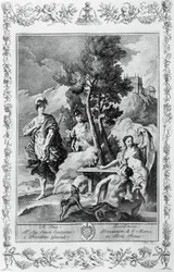 Carlo en Ubaldo op Gelukkige Eilanden, gravure, door Giovanni Battista Piazzetta voor Canto XV van Jeruzalem Bevrijd, door Torquato Tasso, Giovanni Battista Albrizzi editie, Venetië, Italië