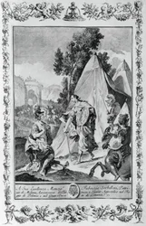 Kruisvaarders bij het Beleg van Jeruzalem, gravure voor Canto III van Jeruzalem Bevrijd, door Torquato Tasso, uitgegeven door Giovanni Battista Albrizzi, Venetië, Italië