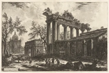 Altra Veduta degli avanzi del Pronao del Tempio del Concordia (Een Ander Zicht op de Overblijfselen van de Pronaos van de Tempel van Concord [de Tempel van Saturnus met de Boog van Septimius Severus op de achtergrond links]), uit Vedute di Roma (Zichten op