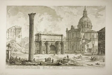 Boog van Septimius Severus waardoor de oude Heilige Weg liep, die overwinnaars naar het Capitool bracht, uit Zichten op Rome