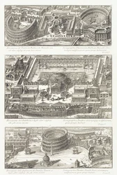 Vogelvluchtweergaven van: de Balbo en Marcello Theaters, het Pantheon en omgeving, en het Statilio Tauro Amfitheater