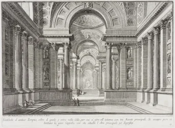 Denkbeeldige antieke tempel, ontworpen in de stijl van die welke ter ere van de godin Vesta werden gebouwd: in het midden bevindt zich het grote altaar waarop de Vestaalse maagden het onuitblusbare heilige vuur bewaarden...