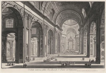 Interieur van de basiliek San Pietro in Vaticano (uit: Vedute di Roma)