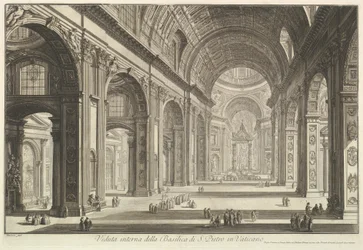 Interieurgezicht van de Sint-Pietersbasiliek in het Vaticaan, uit „Vedute di Roma“ (Romeinse gezichten)