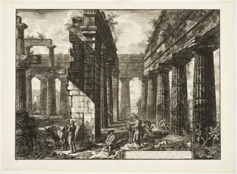 Interieur van de overblijfselen van een van de pronaoi van de Tempel van Neptunus die landinwaarts gericht is, uit Verschillende Zichten van Paestum