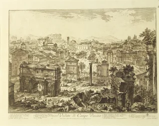 Italië, Rome, uitzicht op Campo Vaccino (Forum Romanum) met de Boog van Septimius Severus