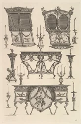 Diverse meubels waaronder twee draagstoelen, een bijzettafel en een commode, ca. 1769