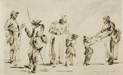 Blad met schetsen: zes figuren