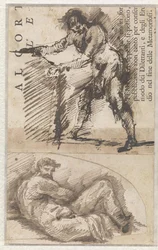 Studie naar een staande mannenfiguur die een basement opmeet (a). Studie naar Il Giorno van Michelangelo (b)