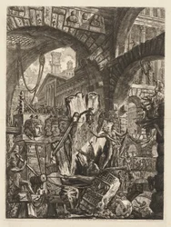 De gevangenissen: Een architectonische mengelmoes, met een man op de rots op de voorgrond