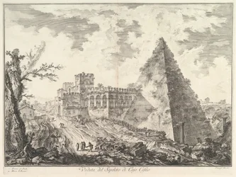 De Piramide van Caius Cestius, met de Porta S. Paolo en aangrenzende weg Veduta del S..., ca. 1755