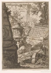 Titelprent met titel op marmeren blok in een landschap met ruïnes (Eerste deel van Architectuur en Perspectieven)