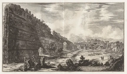 Veduta degli avanzi del Castro Pretorio nella Villa Adriana a Tivoli (Uitzicht op de Overblijfselen van het Praetoriaanse Fort [de Poecile] in Hadrianus