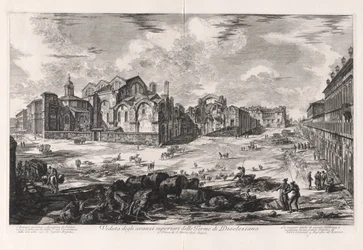 Uitzicht op de bovenste ruïnes van de Thermen van Diocletianus (verre uitzicht met de kerk van Santa Maria degli Angeli), uit Vedute di Roma (Gezichten van Rome)