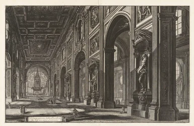 Interieurzicht van de basiliek van San Giovanni in Laterano, uit „Vedute di Roma“