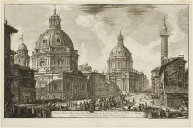 Zicht op twee kerken, de ene genaamd 1. S. Maria di Loreto, de andere 2. De Naam van Maria, nabij 3. Maria di Loreto. De Naam van Maria, vlakbij 3. Zuil van Trajanus. 4. De beklimming van de Quirinal, van Gezicht op Rome