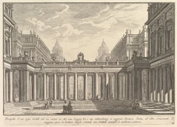 Uitzicht op een binnenplaats met een loggia, fonteinen, standbeelden en andere ornamenten