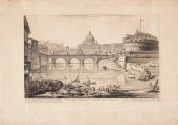 Gezicht op de brug en de Engelenburcht, het Mausoleum van Hadrianus, met boten op de Tiber op de voorgrond en de koepel van de Sint-Pietersbasiliek op de achtergrond