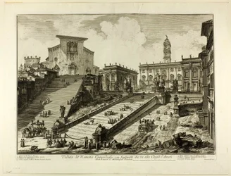Zicht op de Capitolijnse Heuvel met de trappen naar de Kerk van S. Maria in Aracoeli, uit Zichten van Rome