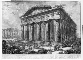 Uitzicht op de tempels van Paestum (litho)
