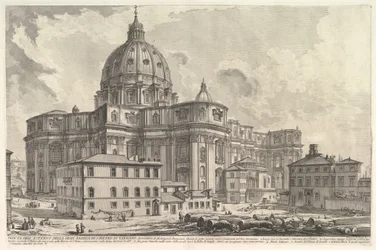Uitzicht op de buitenkant van de Sint-Pietersbasiliek in het Vaticaan, uit Vedute di Roma Roma, ca. 1748