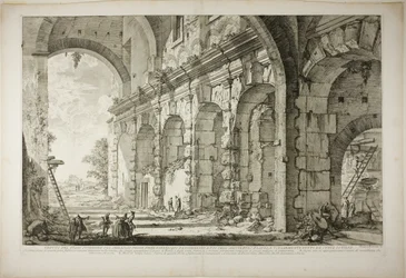 Zicht op de bovenverdieping van de Kooien voor Wilde Dieren gebouwd door Keizer Domitianus, geassocieerd met het Flavische Amfitheater en gewoonlijk de Curia Hostilia genoemd, uit Zichten van Rome