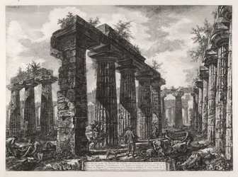 Gezicht op de resten van de pronaos van het gebouw, dat als het college van de Amphictyonen kan worden beschouwd, uit Verschillende gezichten van Paestum