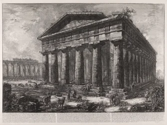 Gezicht op de tempel van Neptunus, beschermgod van de antieke stad Pesto, hoewel er geen enkel teken te zien is dat zou kunnen aangeven of deze tempel aan deze godheid of aan een andere toebehoorde ...