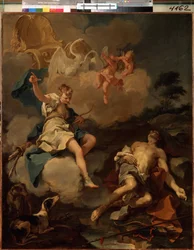 Diana en Endymion. In de Griekse mythologie bezoekt Diana (Artemis) Endymion gedurende de nacht, verzonken in een eeuwige slaap, alleen om zijn schoonheid te aanschouwen.