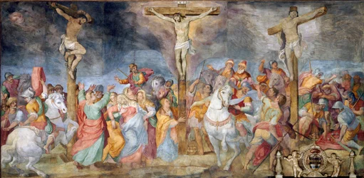 De kruisiging, INRI-inscriptie op het kruis. Aan weerszijden de afbeelding van de goede dief, ook Sint-Dismas genoemd (of Dysmas, Dimas, Dumas), en de slechte dief (Gesmas of Gestas), twee dieven gekruisigd met Jezus Christus. Fresco van Giovanni B
