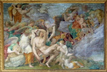 De dood van Adonis, fresco van de 5e zuidelijke travee van de galerij van Frans I in Fontainebleau. Schilderij van Giovanni Battista di Jacopo Rosso (1494-1541)