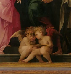 Twee cherubijnen die lezen, detail van Madonna en Kind met Heiligen, 1518 (detail)
