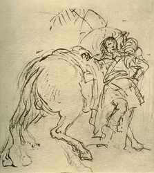Een ruiter leunend op zijn paard
