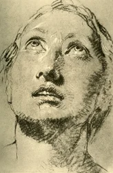 Hoofd van een jonge vrouw, omhoog kijkend, ca. 1755