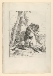Tovenaar wijst op een brandend hoofd aan twee jongeren, uit de Scherzi, ca. 1743-50