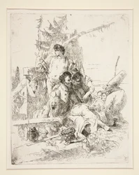 Punchinello praat met de twee magiërs, uit de serie Scherzi di Fantasia