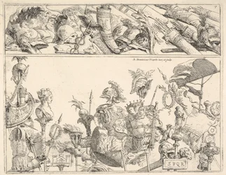 Romeinse Wapens, Standaarden en Trofeeën, een compositie verdeeld in twee horizontale banden