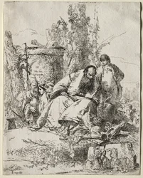 Scherzi: zittende magiër, jongen en vier figuren, 1735-40