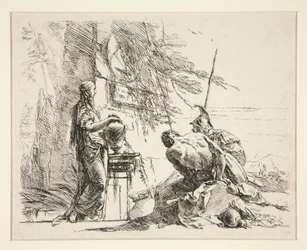 Staande vrouw en zittende man voor een obelisk, uit de serie Vari Capricci