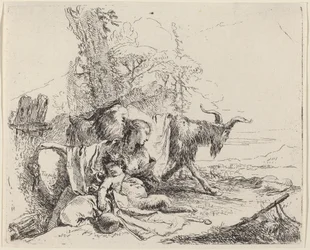 Vrouw, satyrkind en geit in een landschap