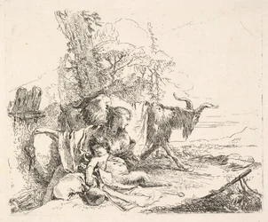 Vrouw en baby satyr in een landschap, de vrouw draait zich om om over haar linkerschouder te kijken, ca. 1740-42