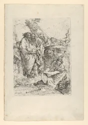 Vrouw knielend voor magiërs en andere figuren, uit de Scherzi, ca. 1743-50