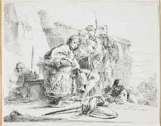 Jonge man zittend, leunend tegen een urn, plaat uit Vari Capricci, 1740s