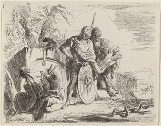 Jonge soldaat met filosoof en zittende vrouw